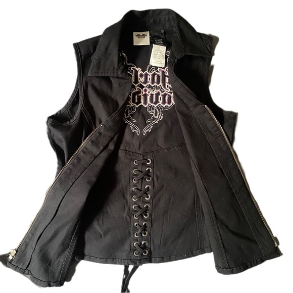 Harley-Davidson Y2K Zip-Up Corset Lace Vest Rhinestone Embroidered Pink Black- S - Picture 4 of 11